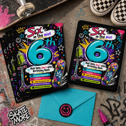 Six in the Mix Scooter and Skateboard Birthday Invitation — invitation you personalize in Canva