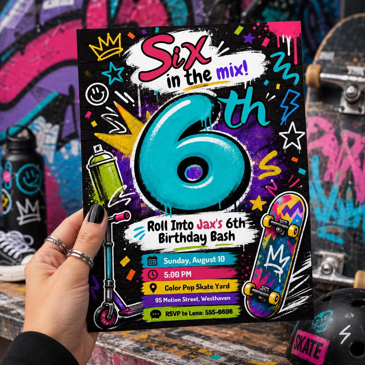 Six in the Mix Scooter and Skateboard Birthday Invitation — graffiti artwork in black pink