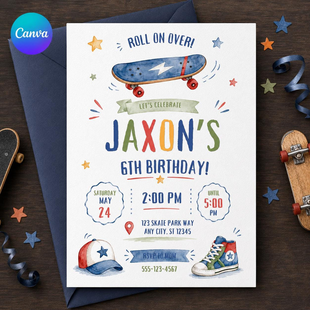 Skateboard 6th Birthday Invitation for Boys — editable Canva template