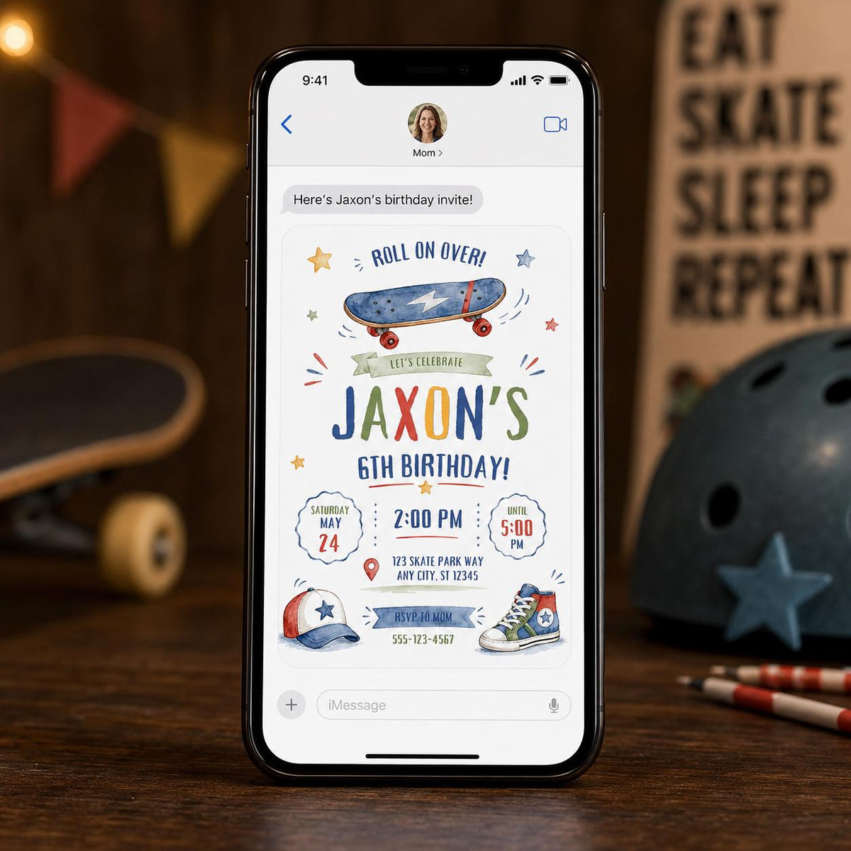 Skateboard 6th Birthday Invitation for Boys — invitation you personalize in Canva