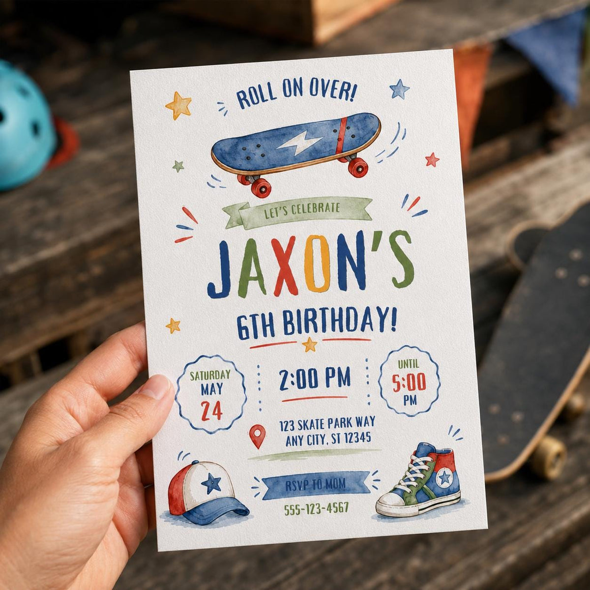 Skateboard 6th Birthday Invitation for Boys — print-ready 6th birthday party design from VoltBy