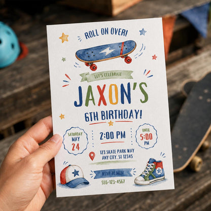 Skateboard 6th Birthday Invitation for Boys — print-ready 6th birthday party design from VoltBy