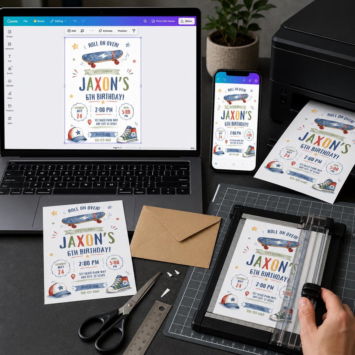 Skateboard 6th Birthday Invitation for Boys — digital invitation, instant download