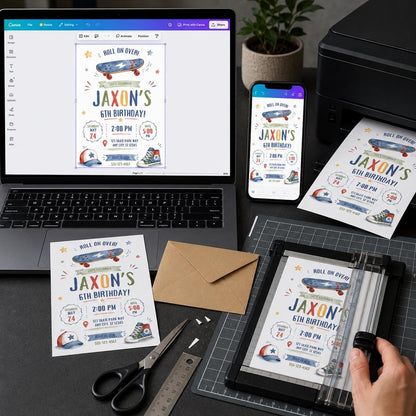 Skateboard 6th Birthday Invitation for Boys — digital invitation, instant download