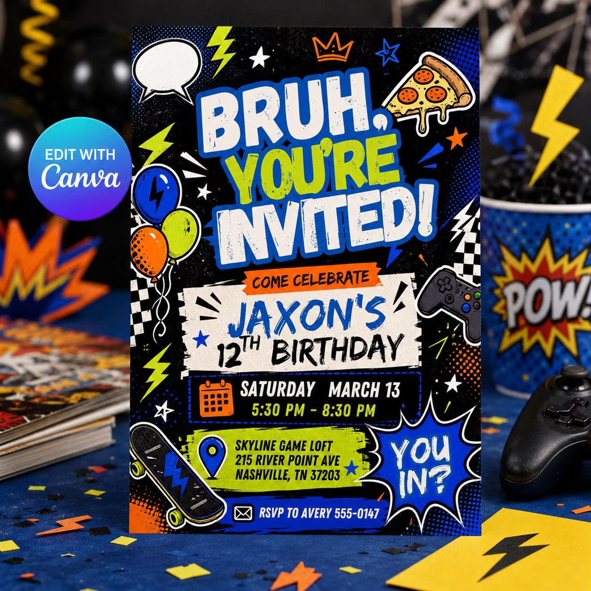 Skateboard Bruh Birthday Invitation for Boys — editable Canva template