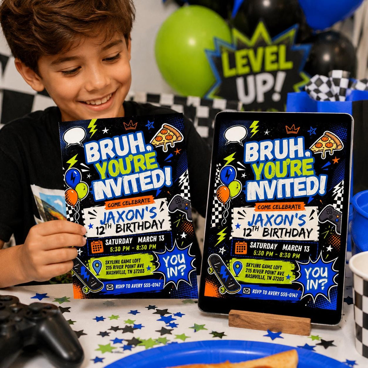Skateboard Bruh Birthday Invitation for Boys — gaming design