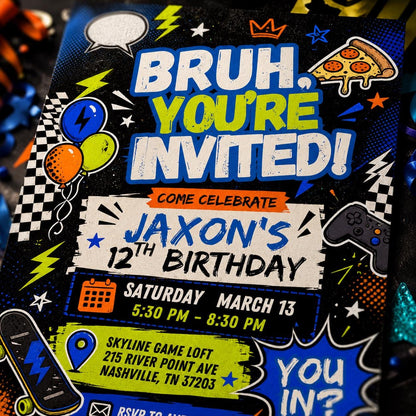 Skateboard Bruh Birthday Invitation for Boys — invitation you personalize in Canva