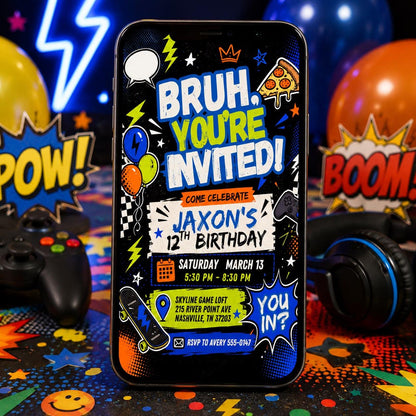 Skateboard Bruh Birthday Invitation for Boys — print-ready birthday party design from VoltBy