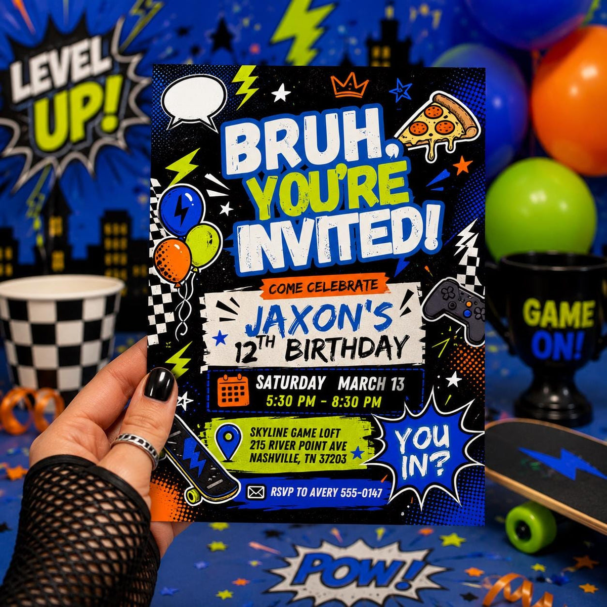 Skateboard Bruh Birthday Invitation for Boys — digital invitation, instant download