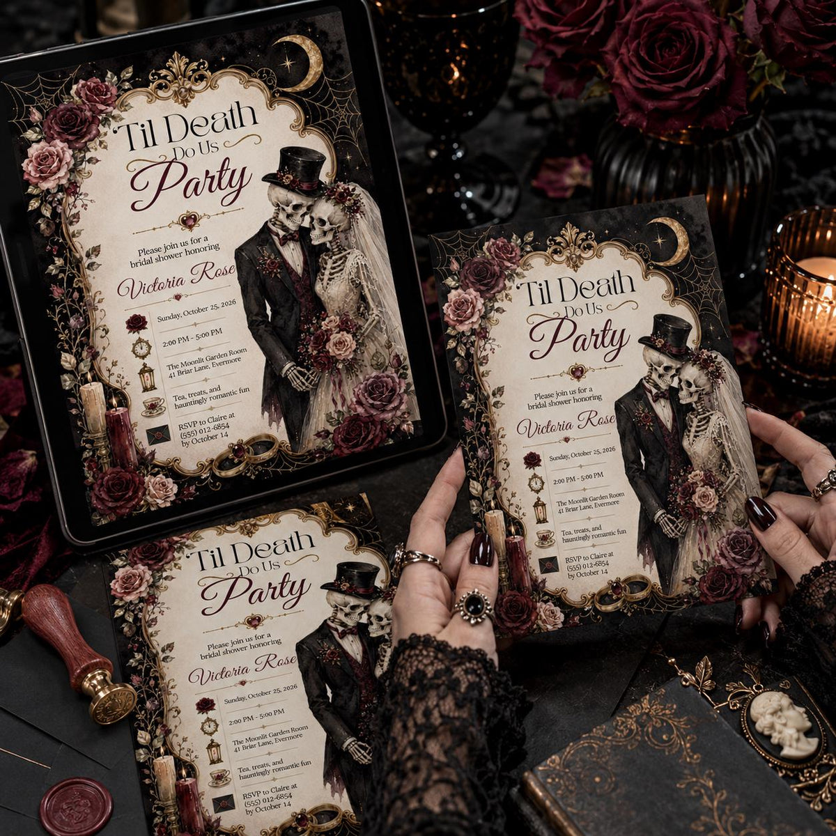 Skeleton Gothic Bridal Shower Invitation — print-ready bridal shower design from VoltBy