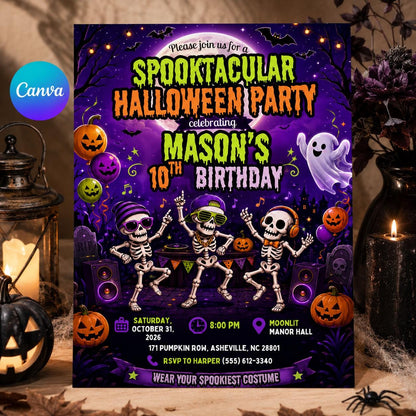 Skeleton Halloween 10th Birthday Invitation — editable Canva template