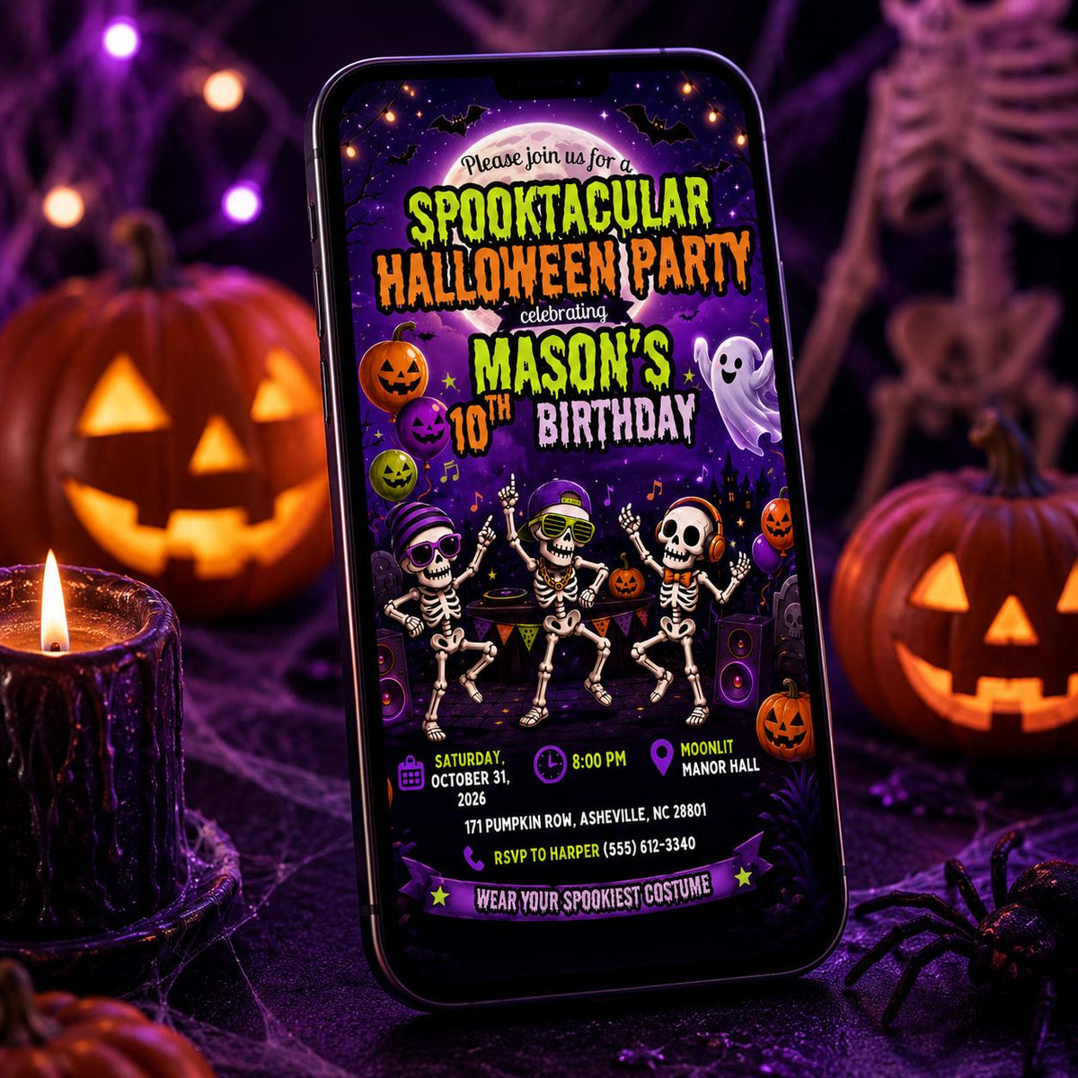 Skeleton Halloween 10th Birthday Invitation — invitation you personalize in Canva