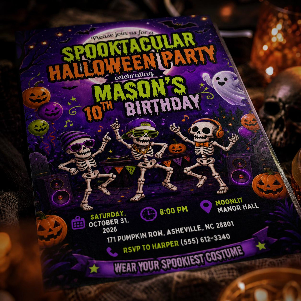 Skeleton Halloween 10th Birthday Invitation — print-ready 10th birthday party design from VoltBy