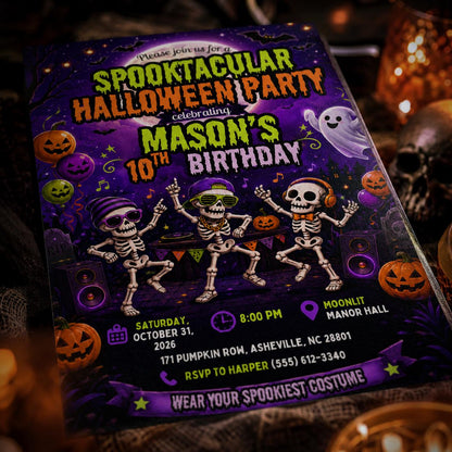 Skeleton Halloween 10th Birthday Invitation — print-ready 10th birthday party design from VoltBy