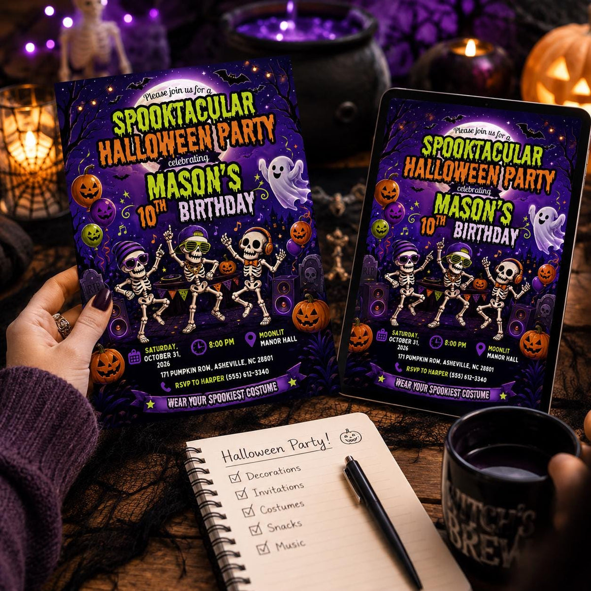 Skeleton Halloween 10th Birthday Invitation — digital invitation, instant download