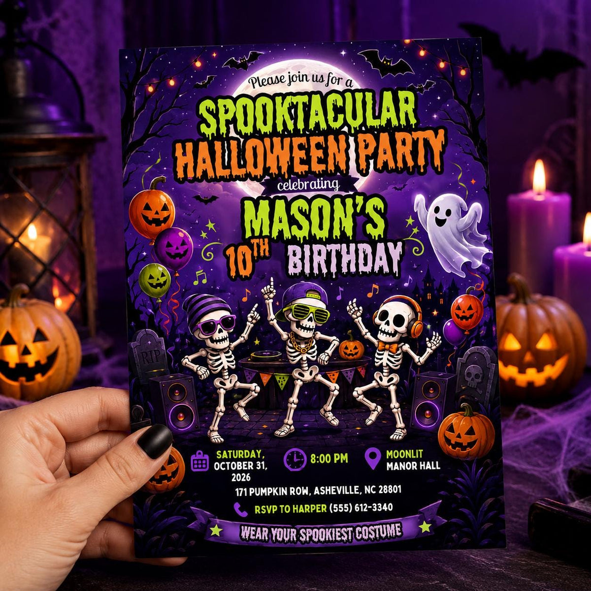 Skeleton Halloween 10th Birthday Invitation — 10th birthday party stationery by VoltBy