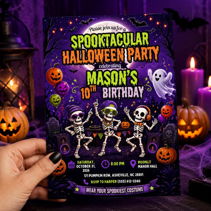 Skeleton Halloween 10th Birthday Invitation — 10th birthday party stationery by VoltBy