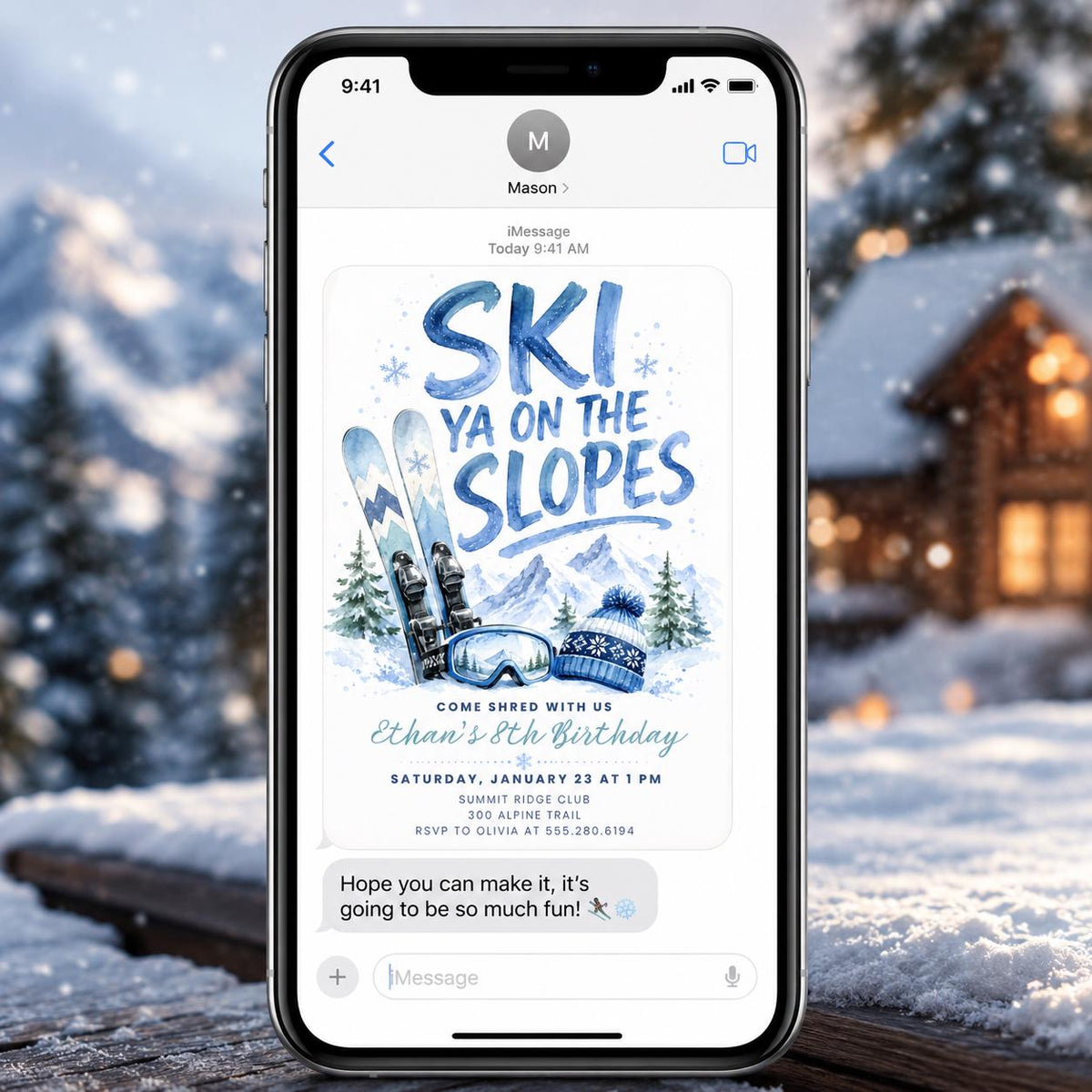 Ski 8th Birthday Invitation — mountains design
