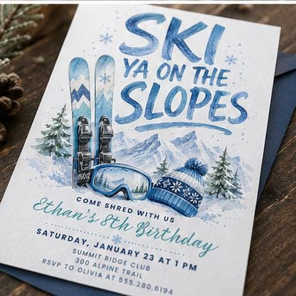 Ski 8th Birthday Invitation — digital invitation, instant download