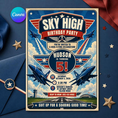 Sky High Airplane 5th Birthday Invitation — editable Canva template