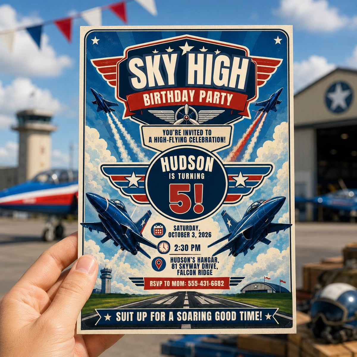 Sky High Airplane 5th Birthday Invitation in blue and cream