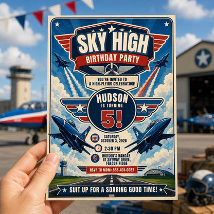 Sky High Airplane 5th Birthday Invitation in blue and cream