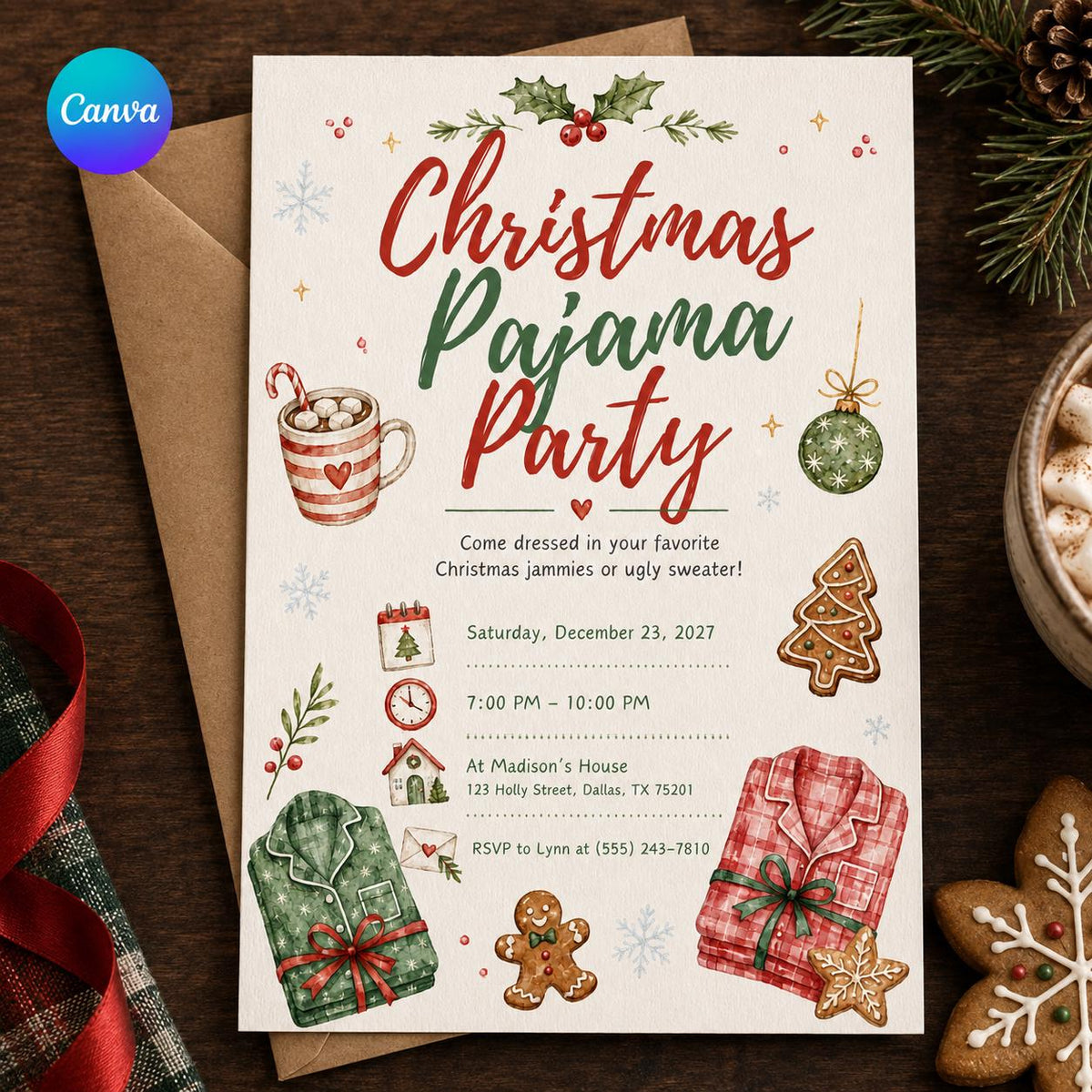 Sleepover Christmas Pajama Party Invitation — editable Canva template