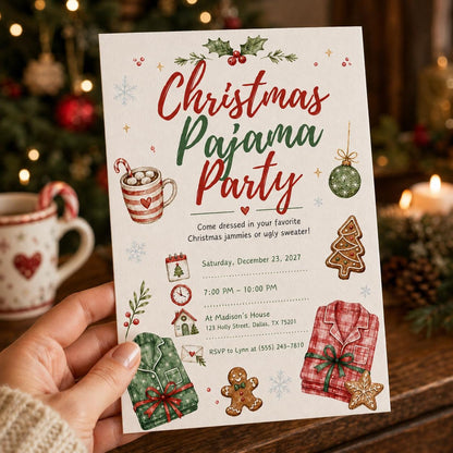 Sleepover Christmas Pajama Party Invitation — print-ready Christmas celebration design from VoltBy