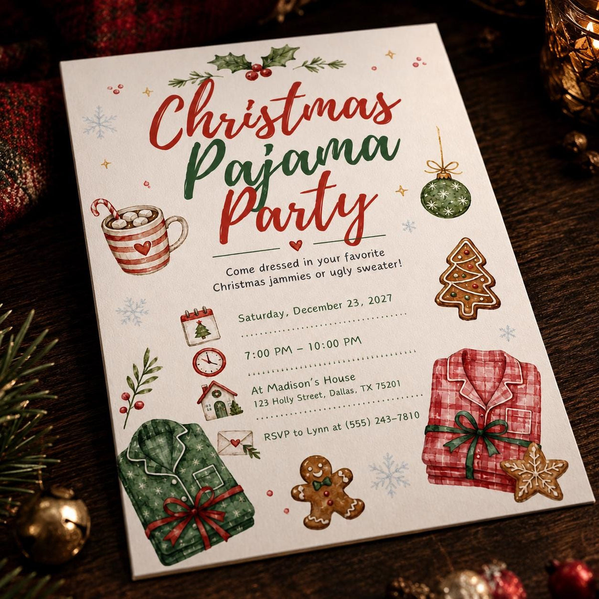 Sleepover Christmas Pajama Party Invitation — Christmas celebration stationery by VoltBy