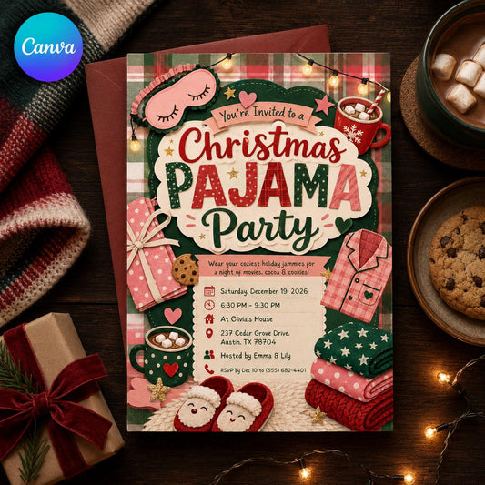 Sleepover Christmas Pajama Party Invitation: Cozy Girls Night — editable Canva template