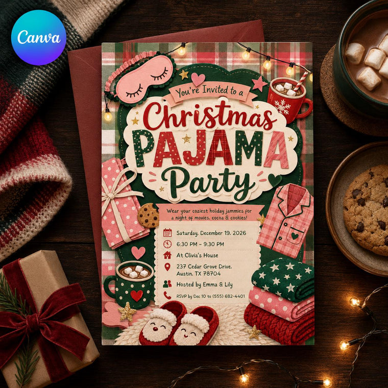 Sleepover Christmas Pajama Party Invitation: Cozy Girls Night
