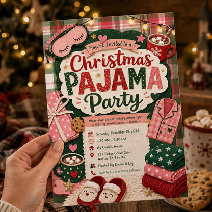 Sleepover Christmas Pajama Party Invitation: Cozy Girls Night — invitation you personalize in Canva