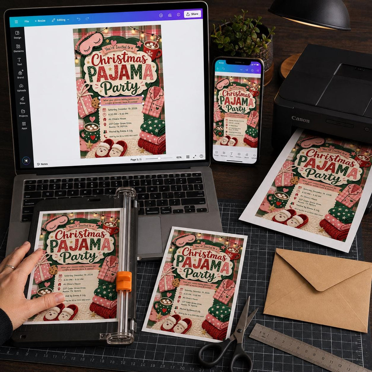Sleepover Christmas Pajama Party Invitation: Cozy Girls Night — print-ready Christmas celebration design from VoltBy