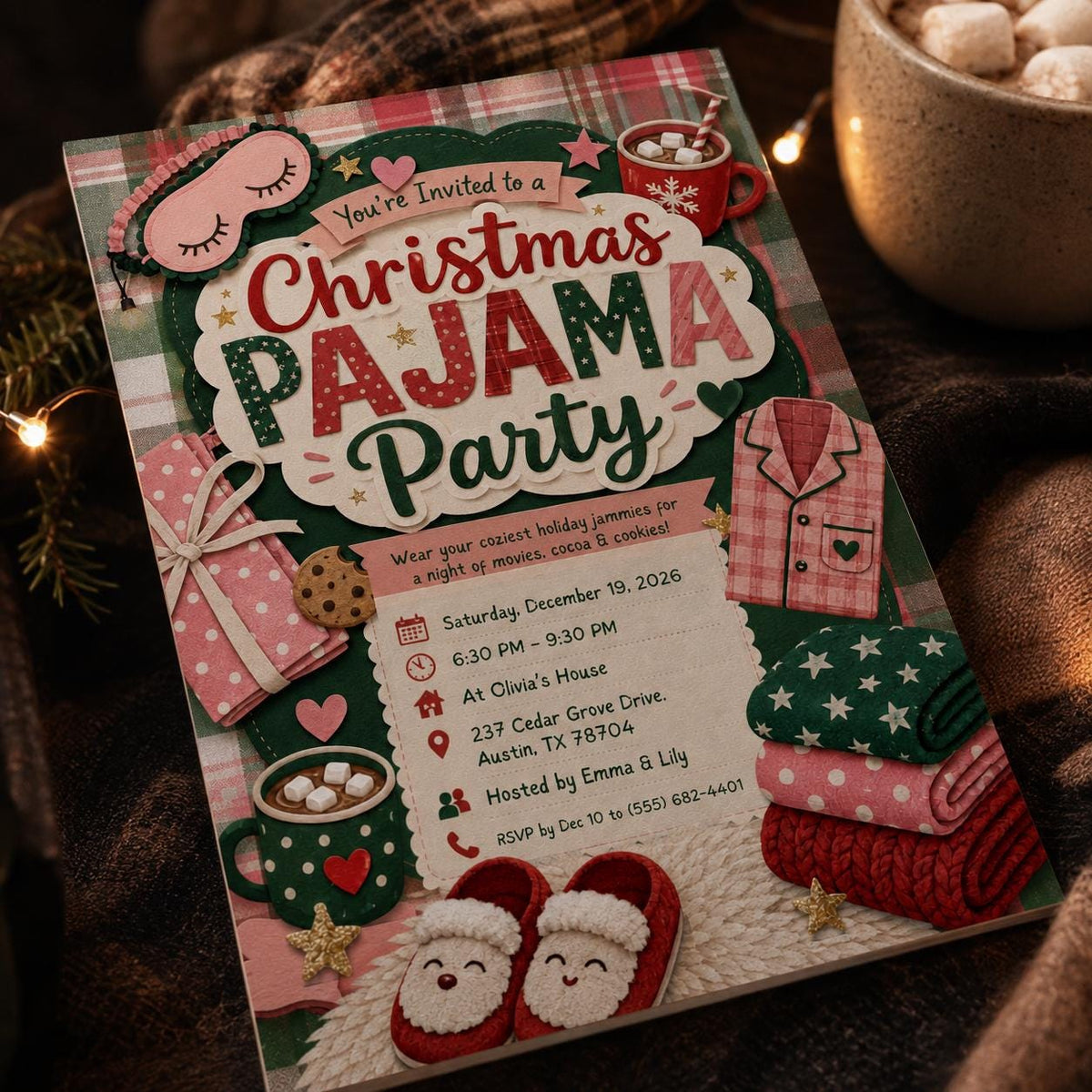 Sleepover Christmas Pajama Party Invitation: Cozy Girls Night — digital invitation, instant download