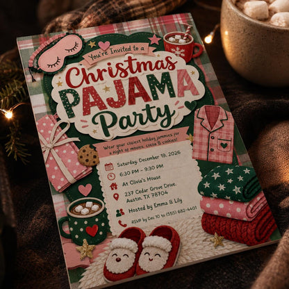 Sleepover Christmas Pajama Party Invitation: Cozy Girls Night — digital invitation, instant download