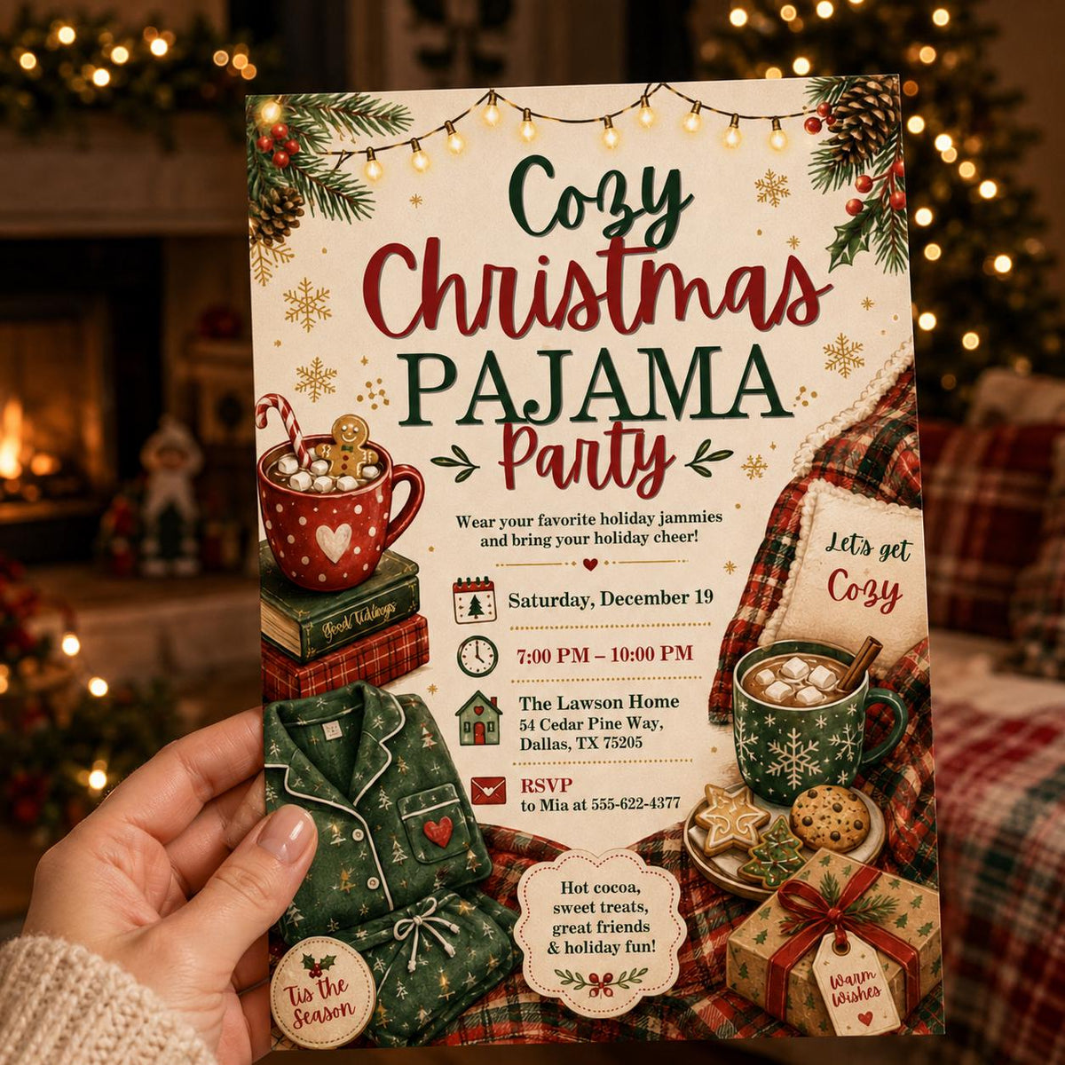 Sleepover Christmas Pajama Party Invitation: Cozy Holiday PJ Party — print-ready Christmas celebration design from VoltBy
