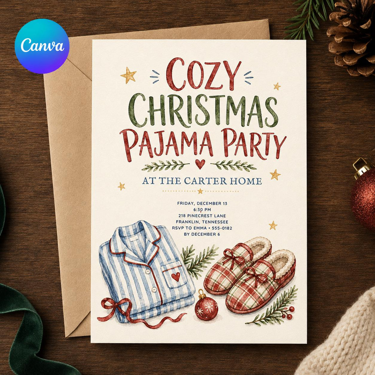 Sleepover Christmas Pajama Party Invitation: Cozy Holiday Sleepover — editable Canva template