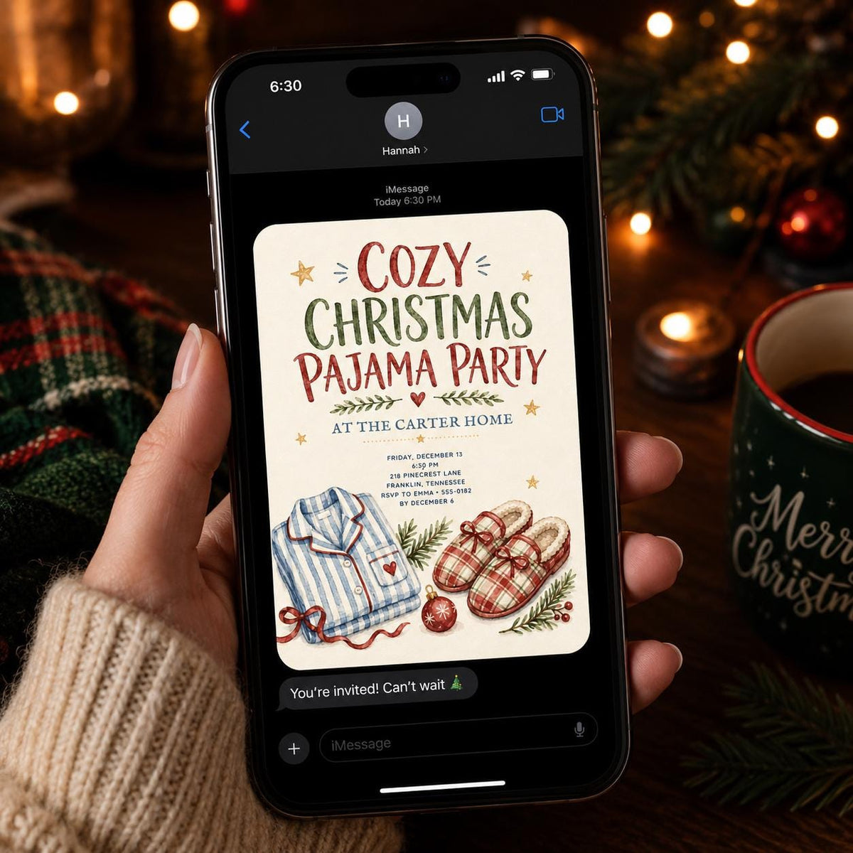 Sleepover Christmas Pajama Party Invitation: Cozy Holiday Sleepover — invitation you personalize in Canva
