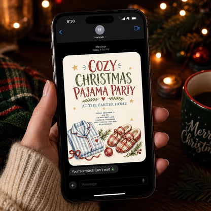 Sleepover Christmas Pajama Party Invitation: Cozy Holiday Sleepover — invitation you personalize in Canva