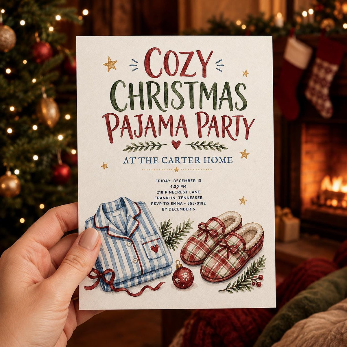 Sleepover Christmas Pajama Party Invitation: Cozy Holiday Sleepover — print-ready Christmas celebration design from VoltBy