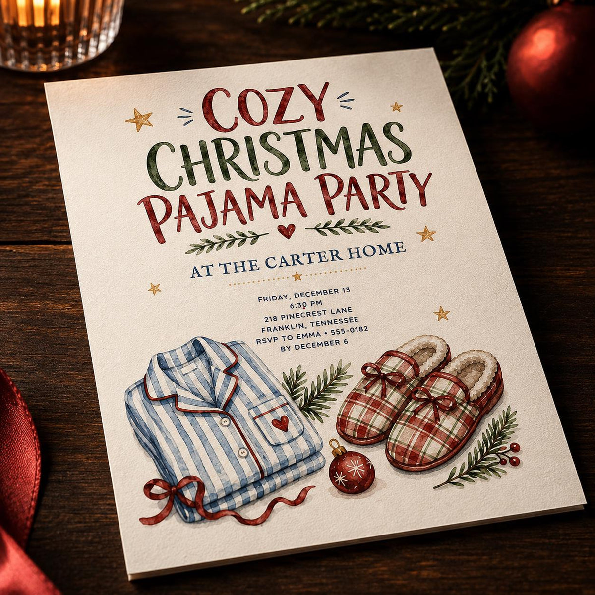 Sleepover Christmas Pajama Party Invitation: Cozy Holiday Sleepover — Christmas celebration stationery by VoltBy