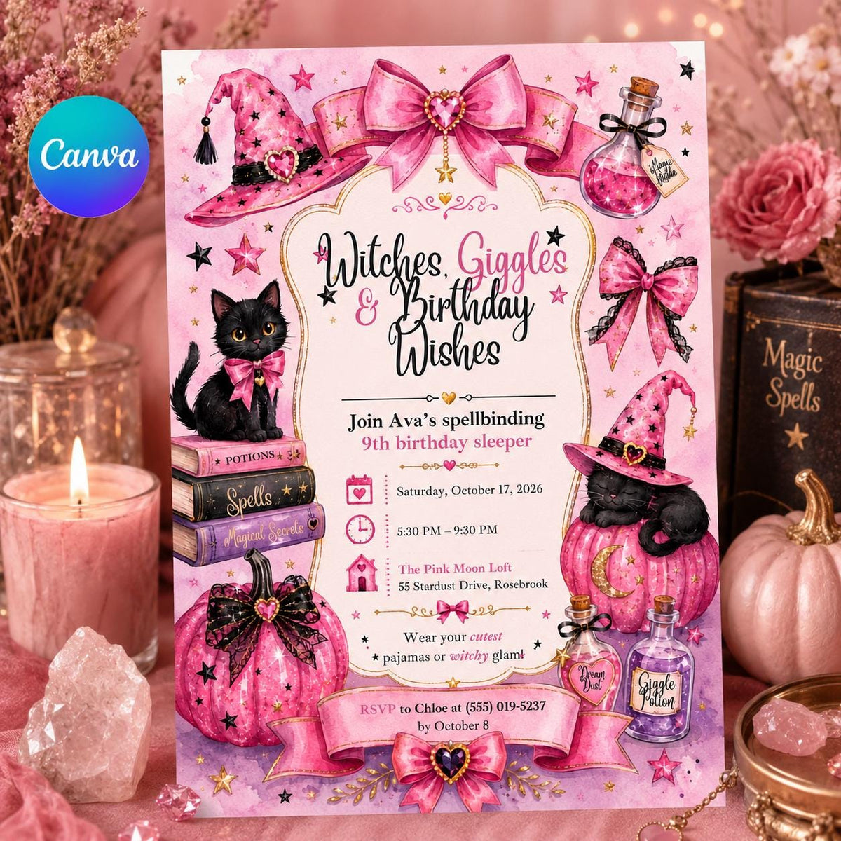 Sleepover Pink Witch 9th Birthday Invitation — editable Canva template