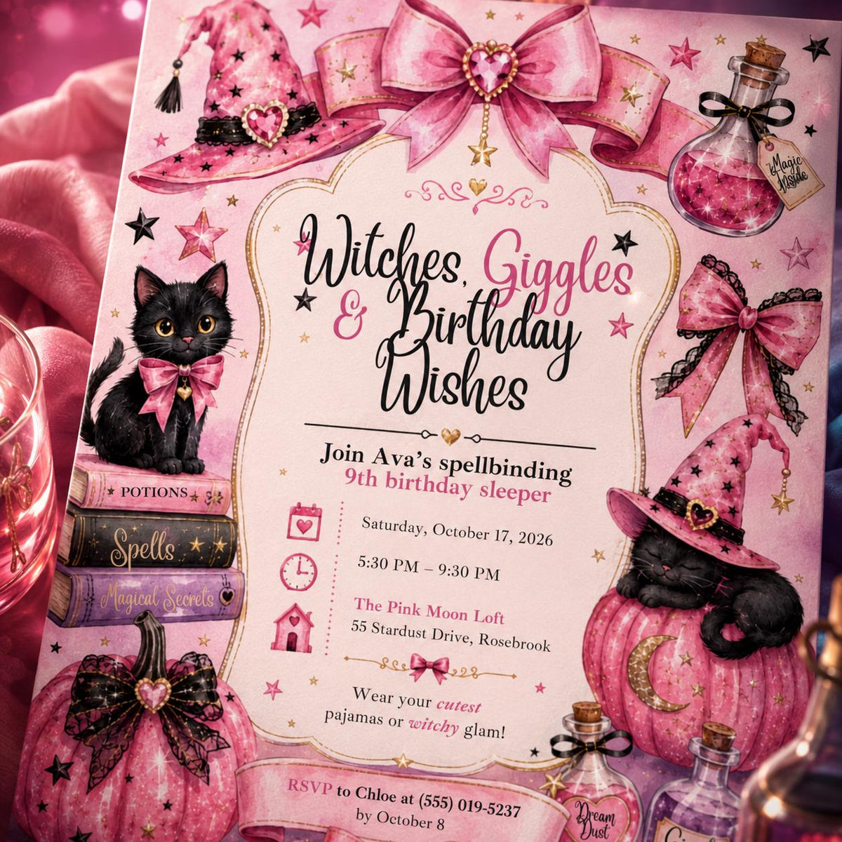 Sleepover Pink Witch 9th Birthday Invitation — invitation you personalize in Canva