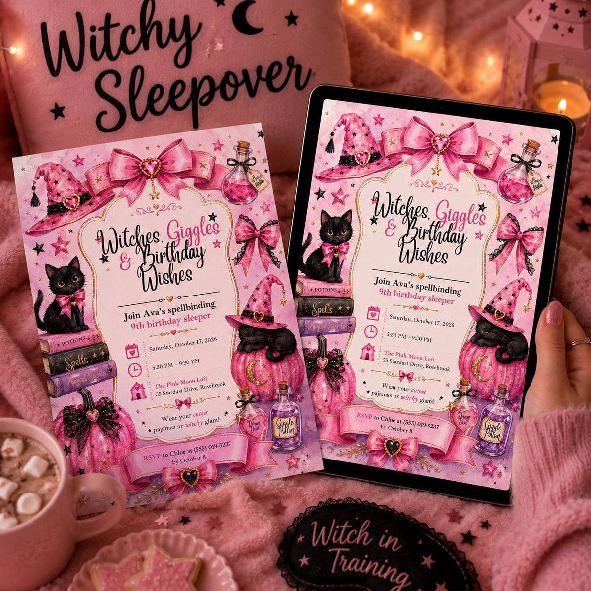 Sleepover Pink Witch 9th Birthday Invitation — print-ready 9th birthday party design from VoltBy