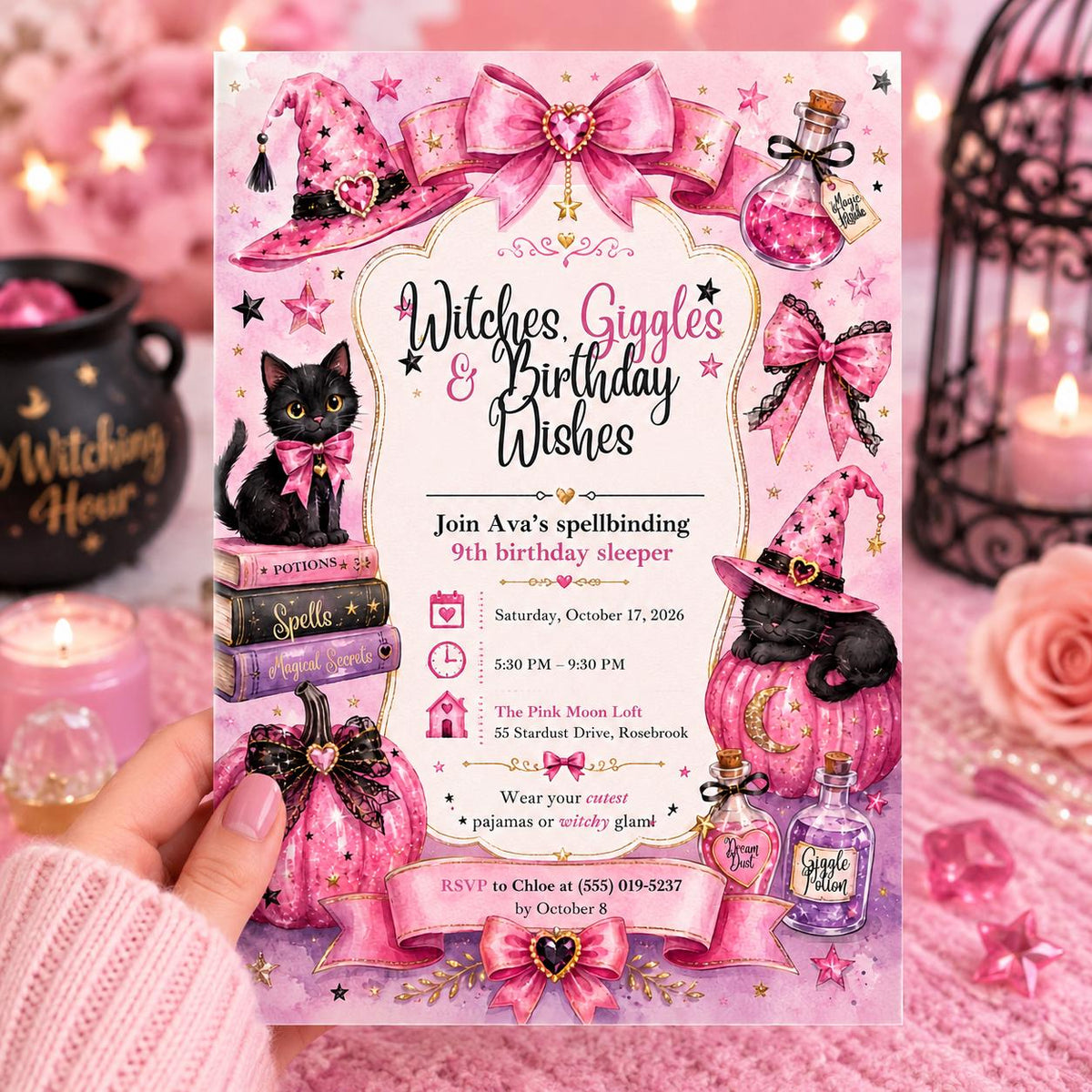 Sleepover Pink Witch 9th Birthday Invitation — digital invitation, instant download