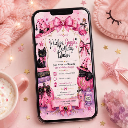 Sleepover Pink Witch 9th Birthday Invitation — 9th birthday party stationery by VoltBy