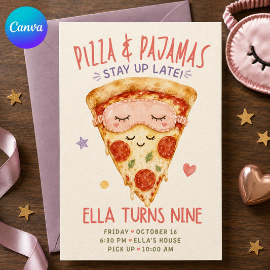 Sleepover Pizza and Pajamas Birthday Invitation for Girls — editable Canva template