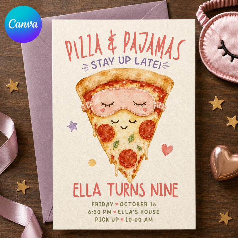 Sleepover Pizza and Pajamas Birthday Invitation for Girls