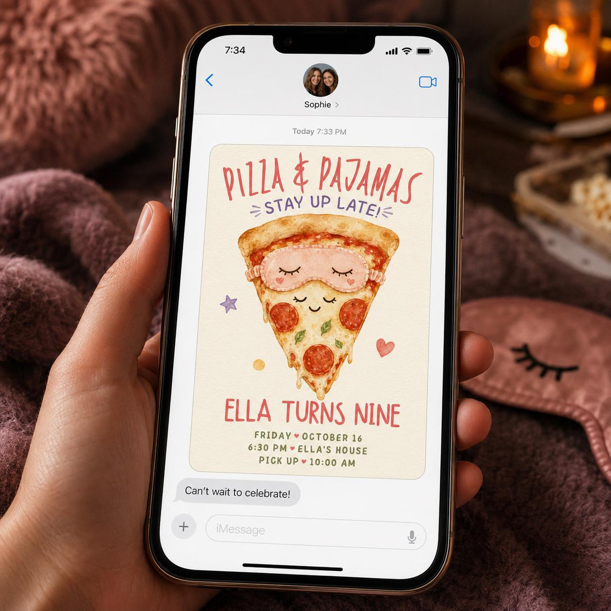 Sleepover Pizza and Pajamas Birthday Invitation for Girls — invitation you personalize in Canva