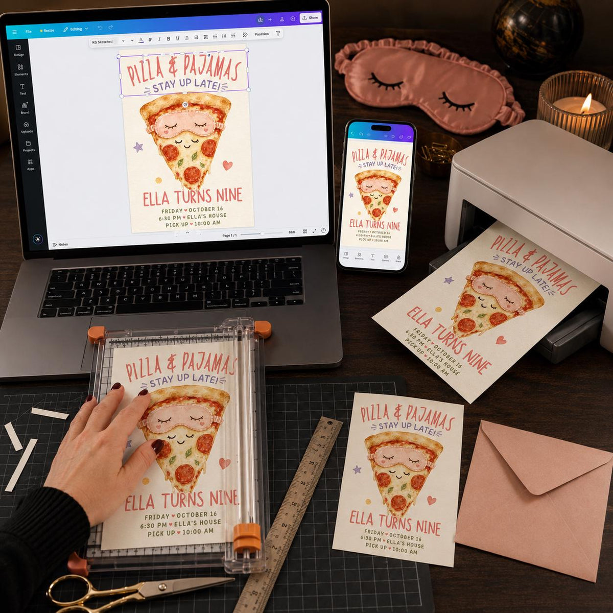 Sleepover Pizza and Pajamas Birthday Invitation for Girls — digital invitation, instant download
